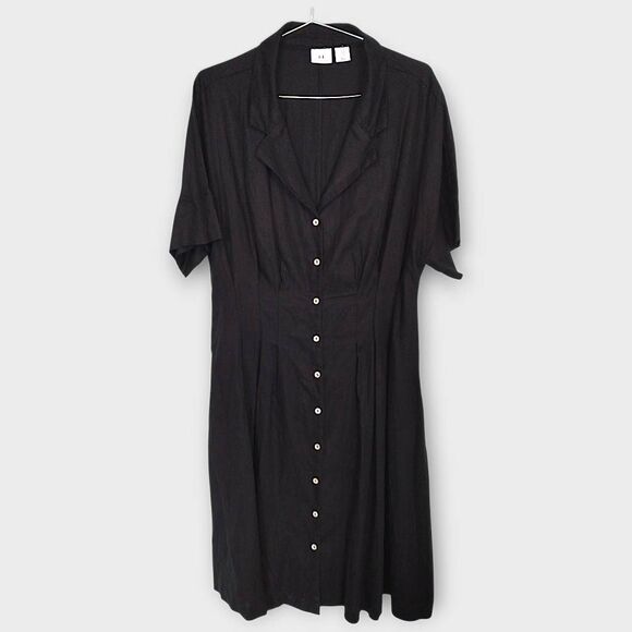 H by Halston Womens‎ Dress Sz 14 Black Linen Midi Shirt Short Sleeve Lagenlook - Picture 1 of 15
